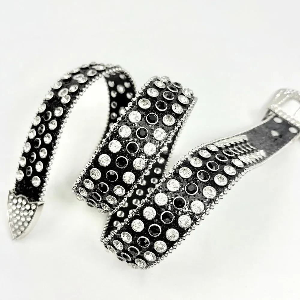 Western Rhinestone Studded Black Glitter Leather Glam Belt with Metal Buckle